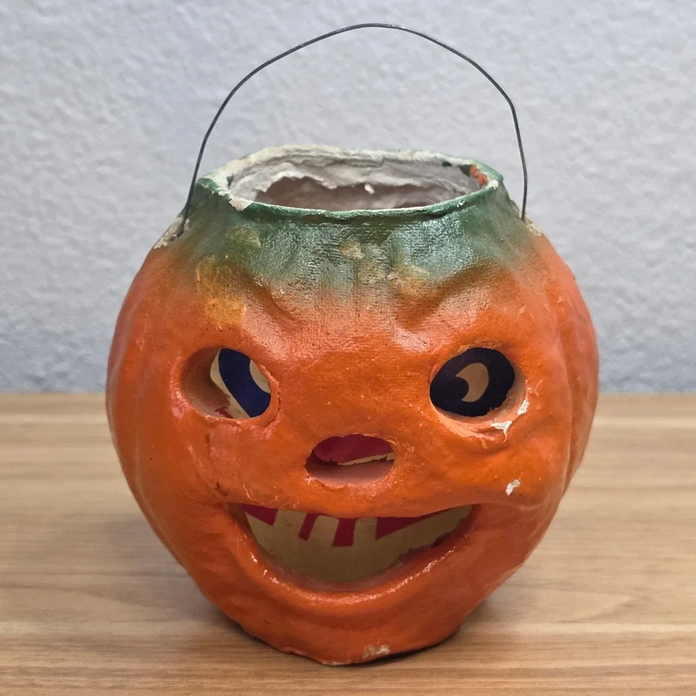 All-Original Antique Vintage Halloween Paper Mache Pulp Jack o' Lantern, 30s-40s